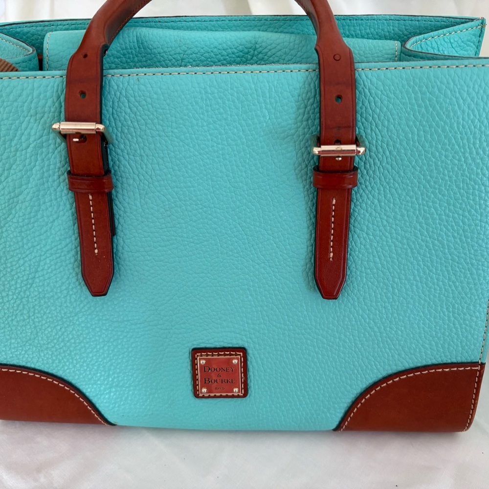 Dooney & Bourke Turquoise Pebbled Leather Tote with Brown Trim and Handles